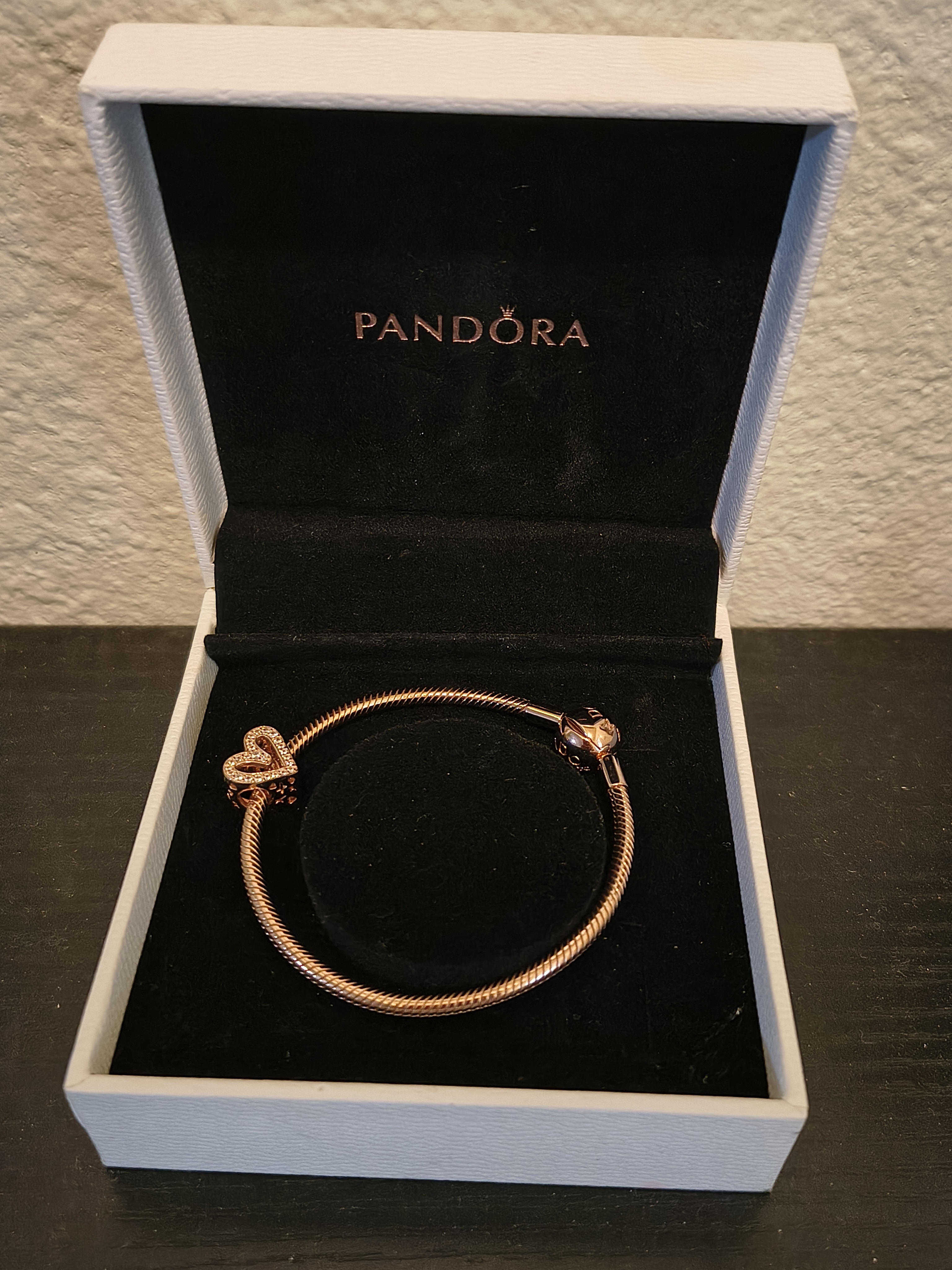 Pandora Rose Gold Heart Charm Snake Chain Bracelet With Heart Charm